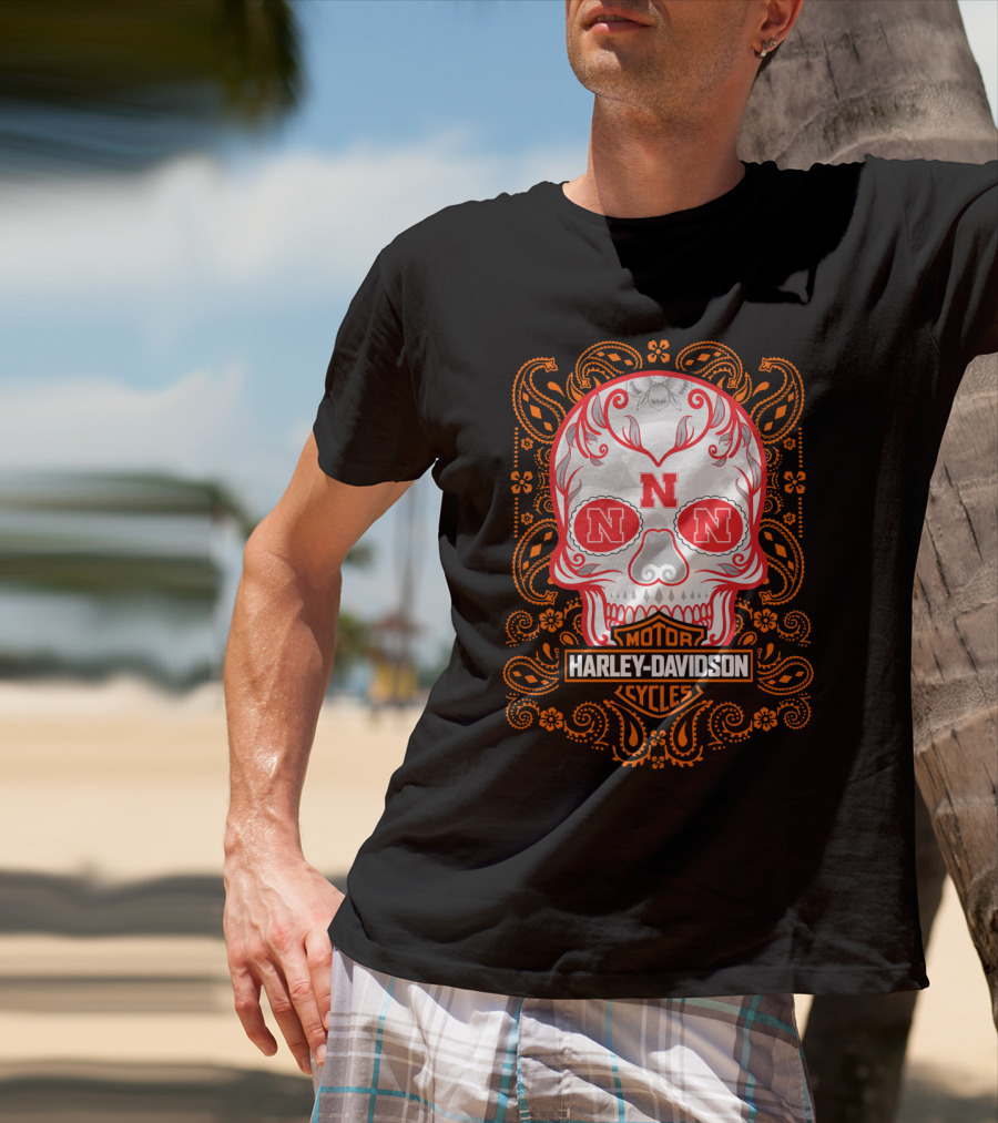 Harley Davidson Motorcycles Nebraska Ncaa Skull T-Shirt