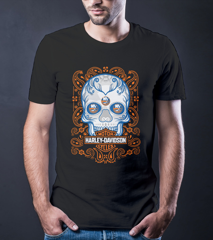New York Islanders Harley Davidson Skull Motorcycles T-Shirt