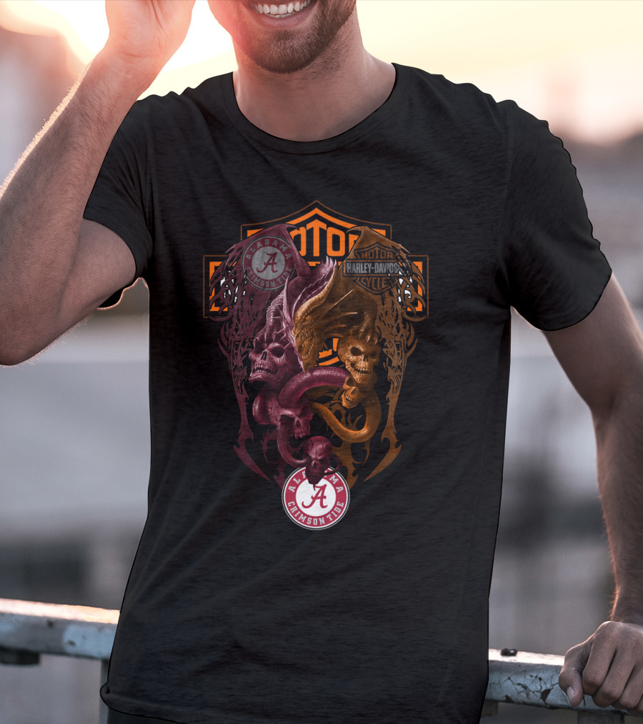 Alabama Crimson Tide Harley Davidson Skulls And Serpents T-Shirt