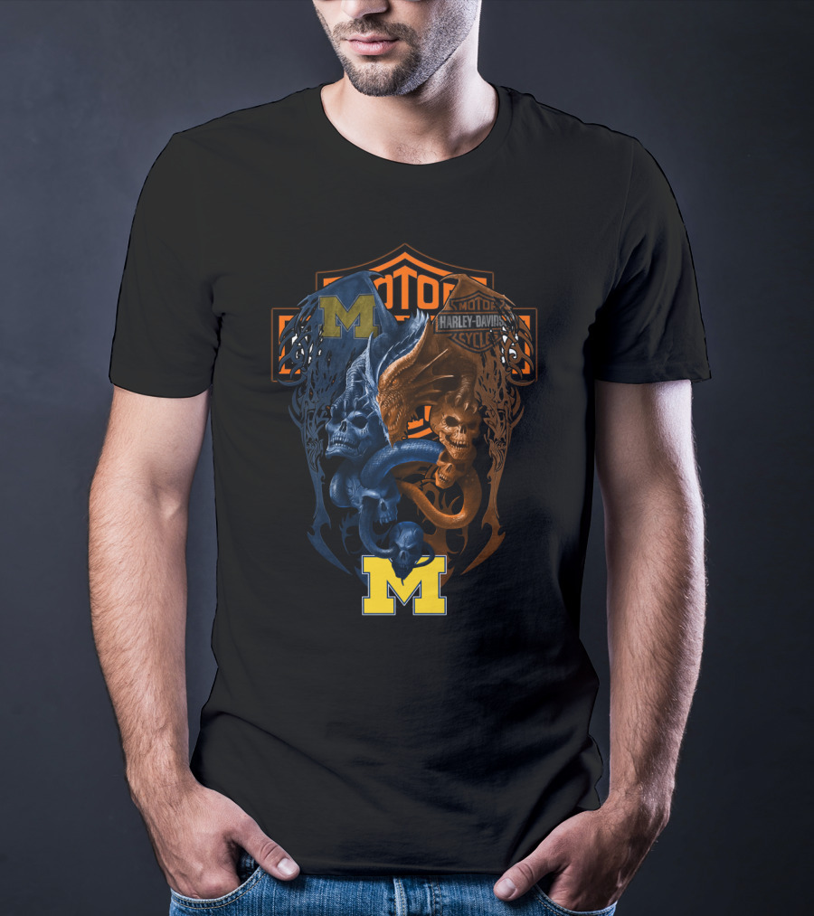 M Michigan Harley Davidson Skull And Dragon Crest T-Shirt