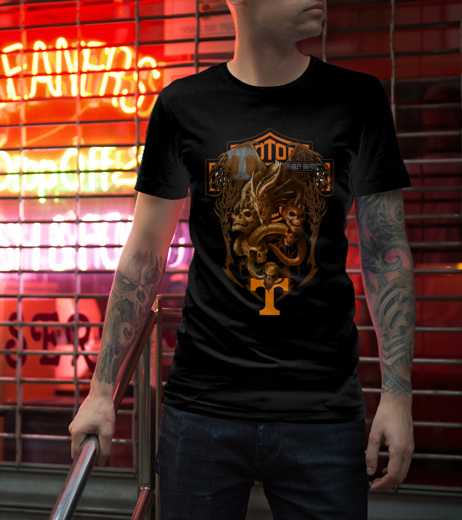 Harley Davidson Dragon Skulls And Serpent With Tennessee Vols Ncaa T-Shirt