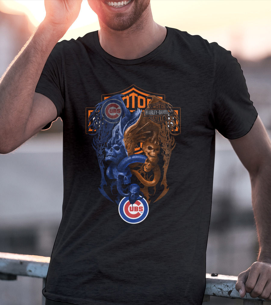Mlb Cubs Harley Davidson Dual Skull Serpent T-Shirt