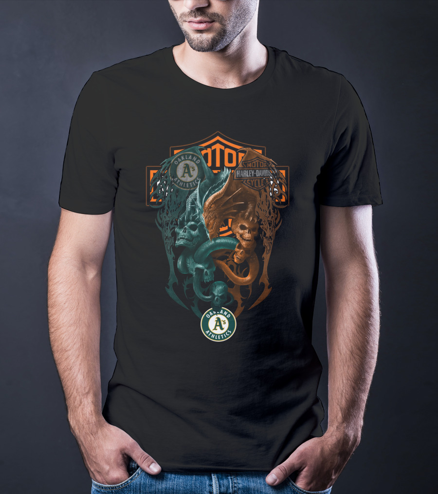 Oakland Athletics Harley Davidson Motorcycles Dual Skull Serpents T-Shirt
