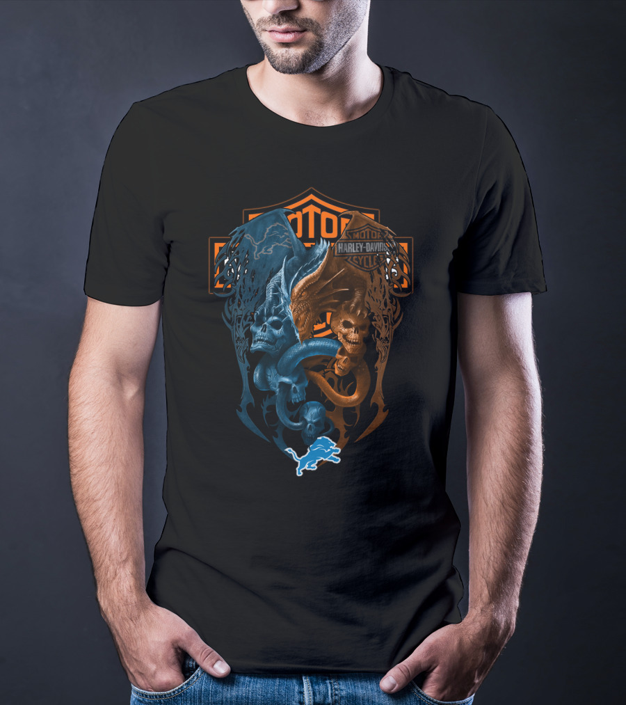 Harley Davidson Motorcycles Detroit Lions Dual Dragon Skulls T-Shirt