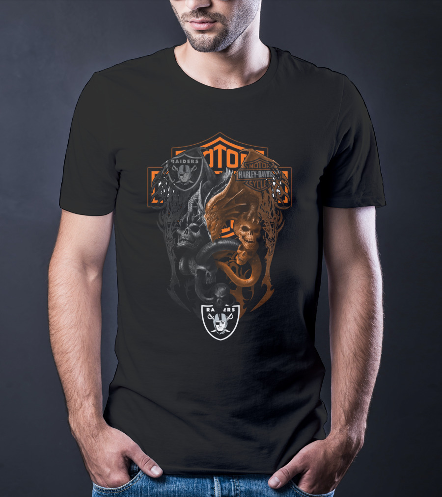 Raiders Harley Davidson Motors Skeleton Skull Dual T-Shirt