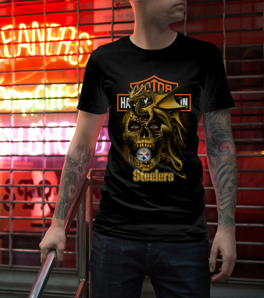 Motor Harley Davidson Steelers Dragon Skull Pittsburgh T-Shirt