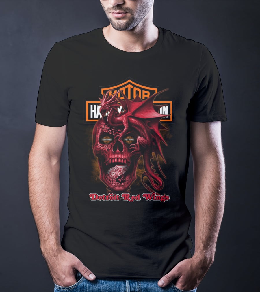 Detroit Red Wings Harley Davidson Skull Dragon T-Shirt