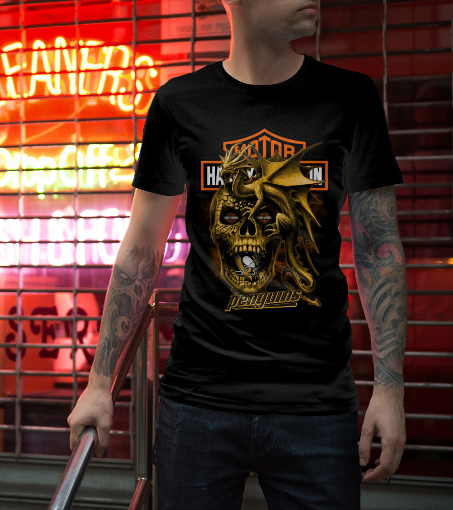 Pittsburgh Penguins Motor Harley Davidson Cycles Dragon Skull T-Shirt