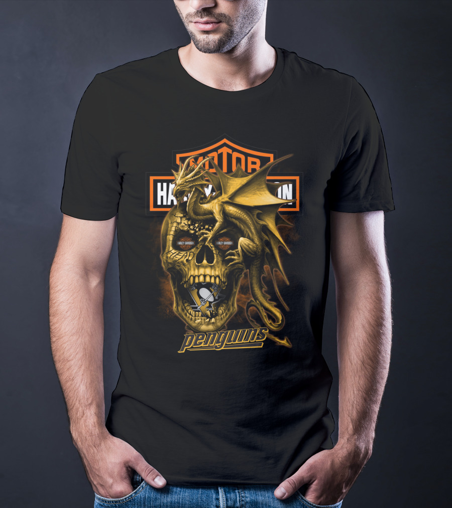 Pittsburgh Penguins Motor Harley Davidson Cycles Dragon Skull T-Shirt