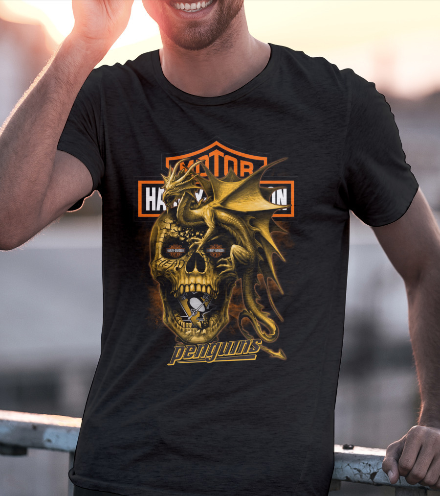 Pittsburgh Penguins Motor Harley Davidson Cycles Dragon Skull T-Shirt