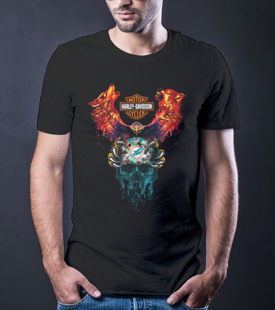 Harley Davidson Motor Cycles Miami Dolphins Wolves And Skull T-Shirt