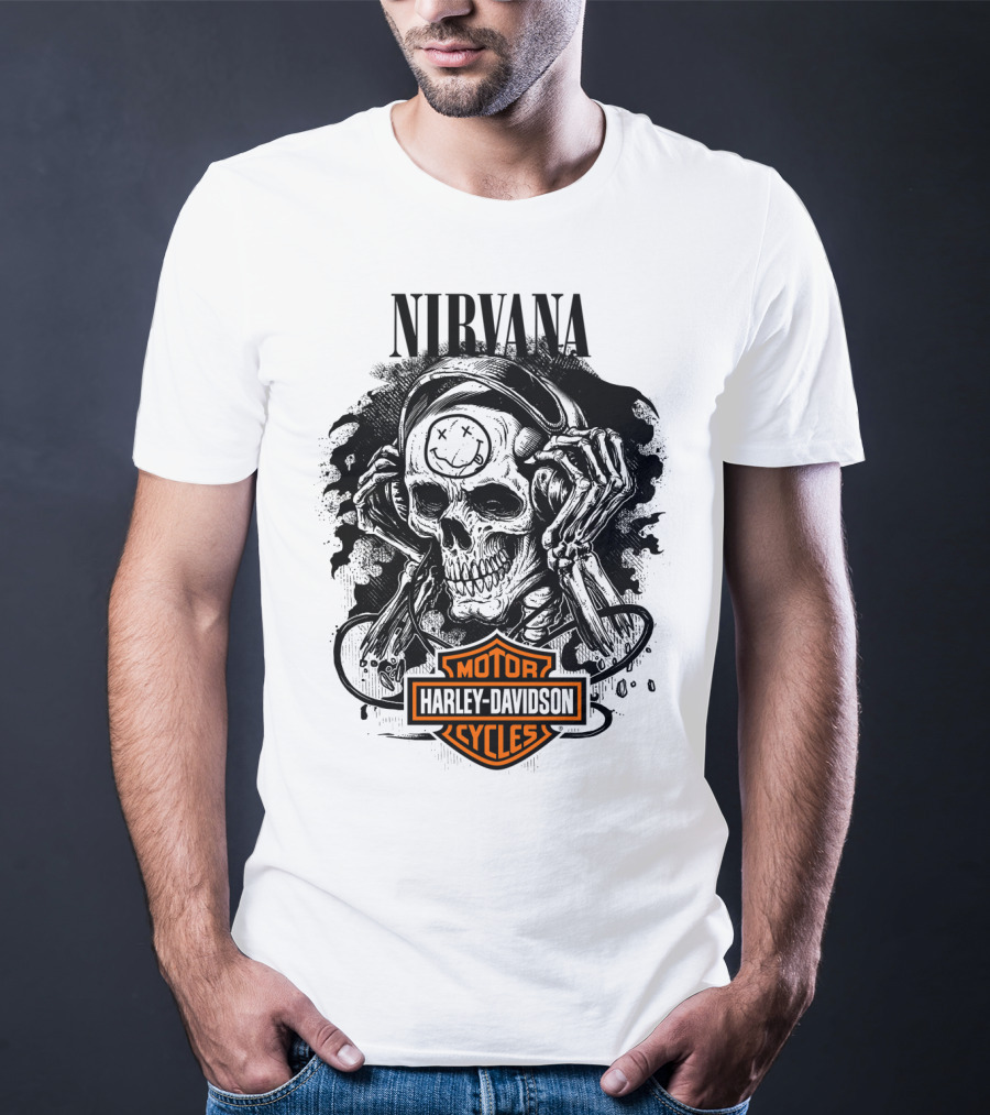 Nirvana Harley Davidson Skull With Headphones T-Shirt