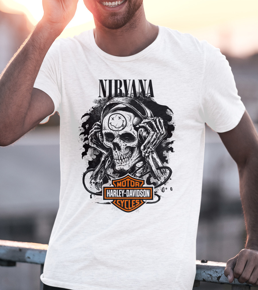 Nirvana Harley Davidson Skull With Headphones T-Shirt