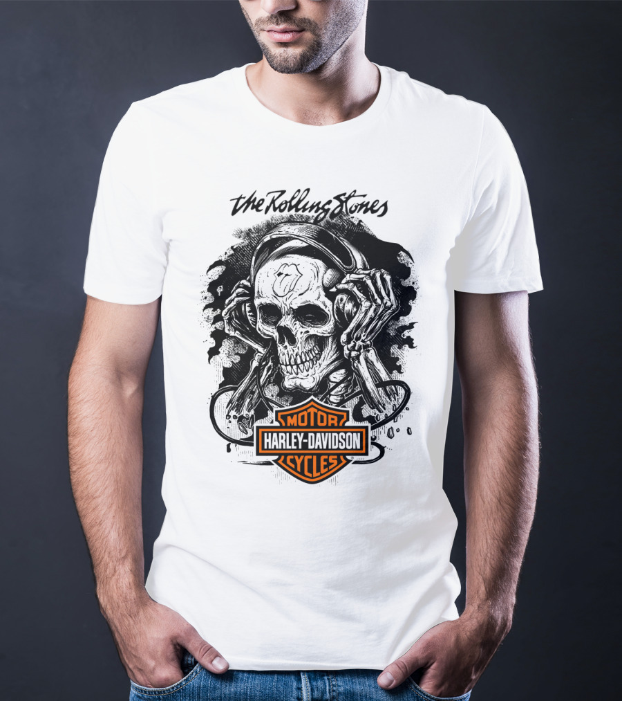 The Rolling Stones Harley Davidson Motor Cycles Skull Art T-Shirt