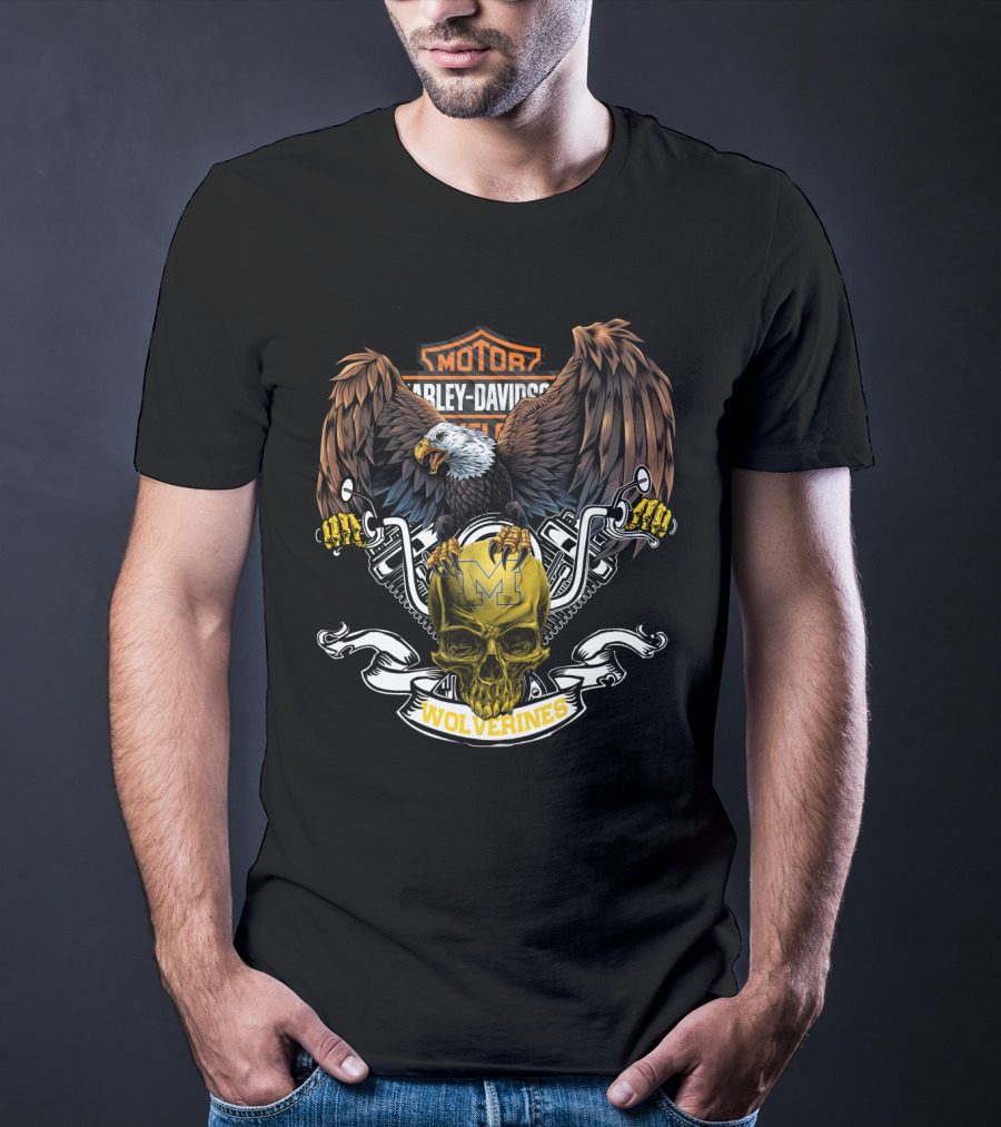 Motor Harley Davidson Cycles Eagle Skull Wolverines Michigan T-Shirt