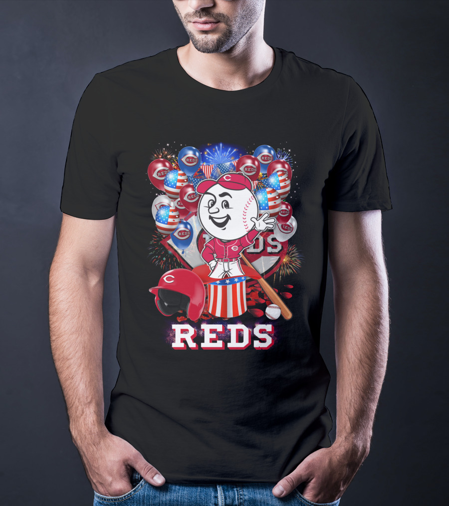 Mlb Cincinnati Reds Baseball Mascot Celebration With Fireworks And Patriotic Details T-Shirt