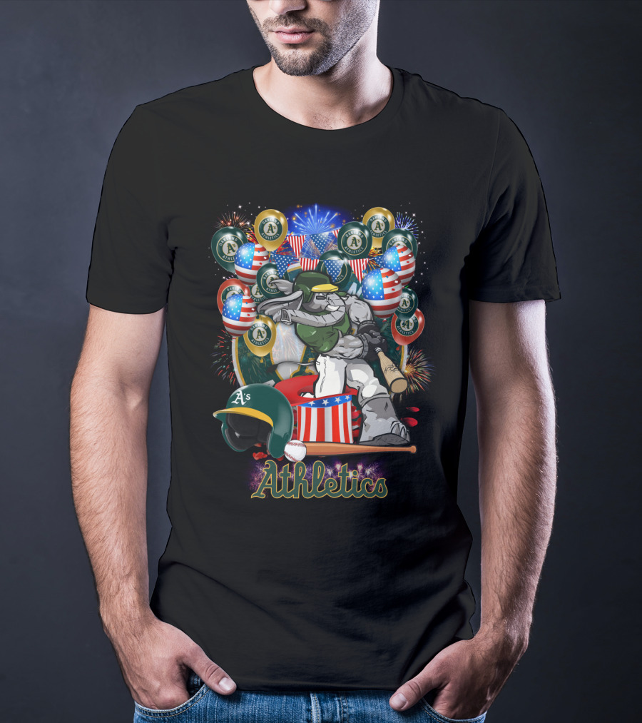 Mlb Oakland Athletics Fireworks Celebration With American Flags And Baseball Elements T-Shirt