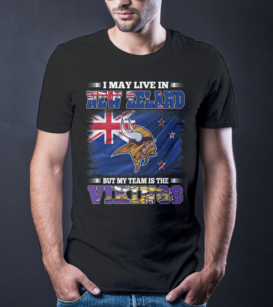 I May Live In New Zeland But My Team Is The Vikings Flag With New Zealand Flag And Viking Helmet T-Shirt
