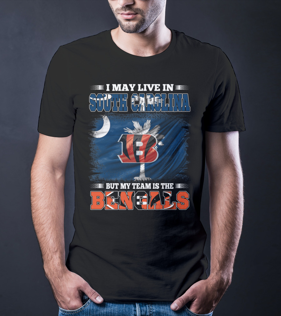 I May Live In South Carolina But My Team Is The Bengals Moon Palmetto Flag Graphics T-Shirt