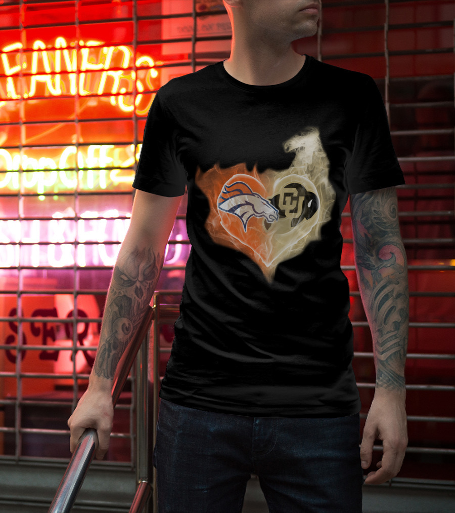 Broncos Colorado Buffaloes Heart-Shaped Flames T-Shirt