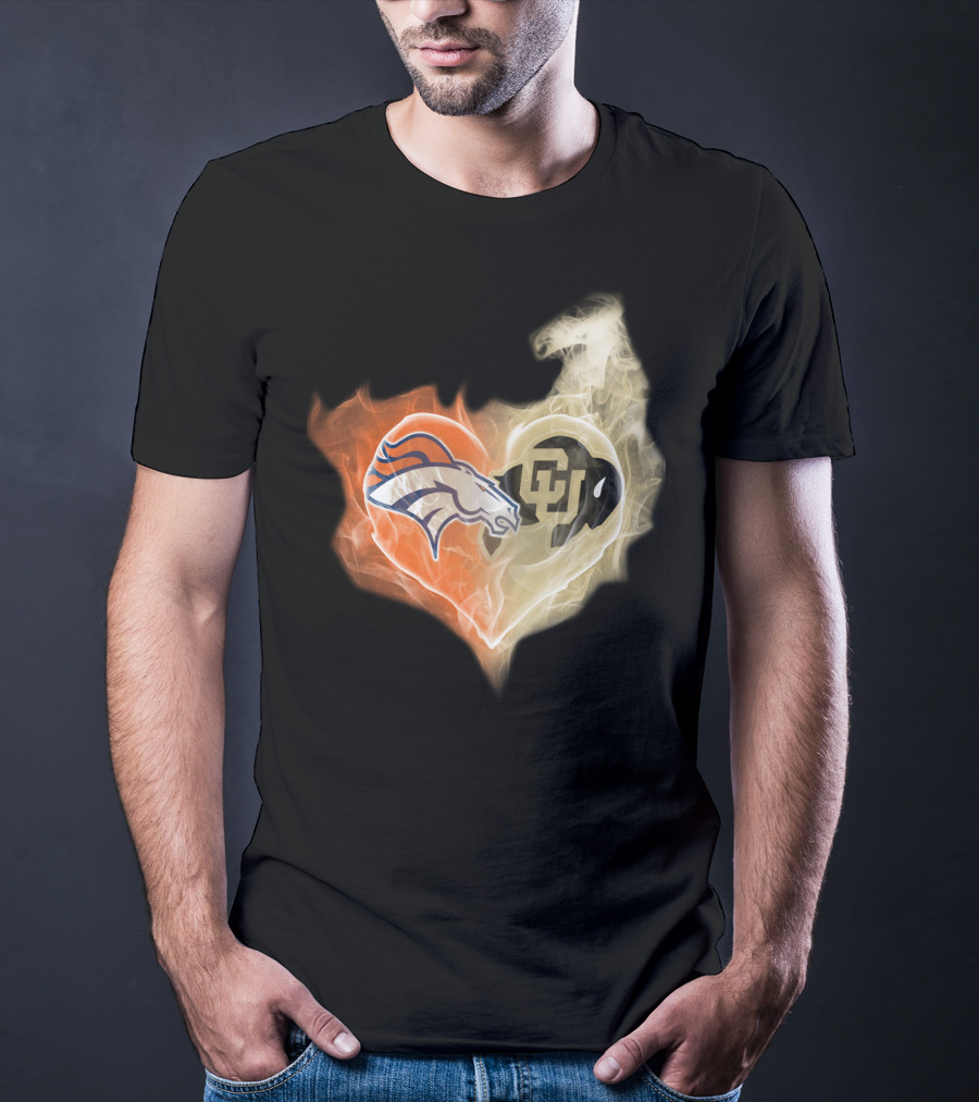 Broncos Colorado Buffaloes Heart-Shaped Flames T-Shirt