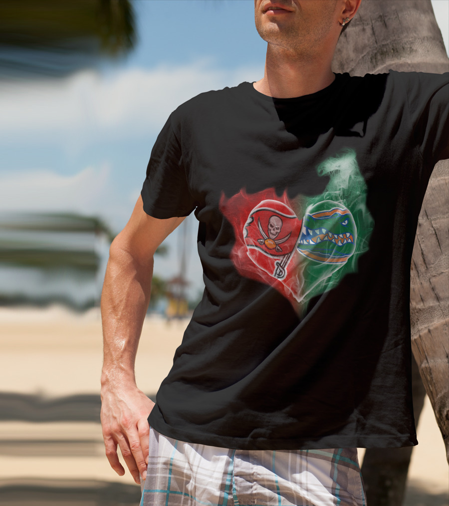 Buccaneers And Florida Gators Heart Smoke Logo Combination T-Shirt