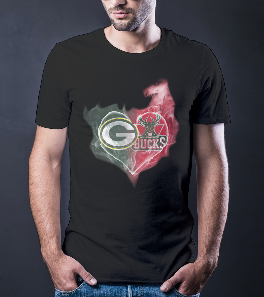 Green Bay Packers And Milwaukee Bucks Heart Fusion T-Shirt