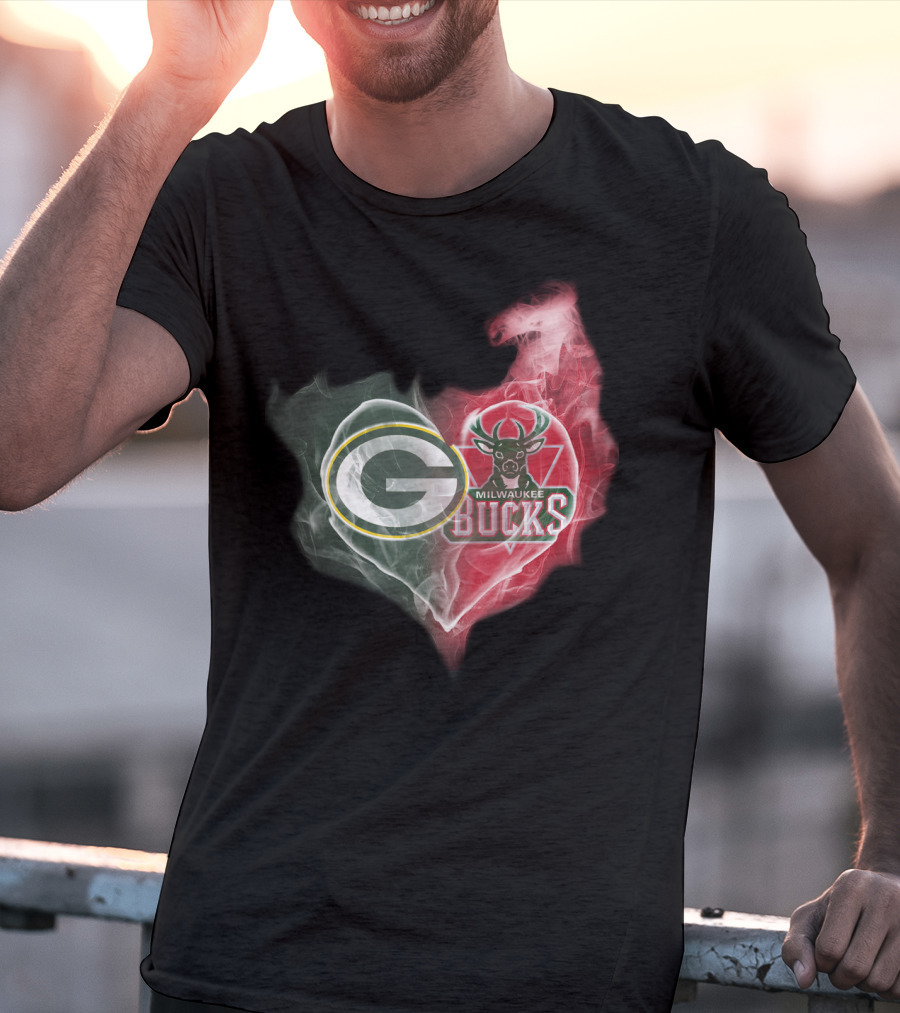 Green Bay Packers And Milwaukee Bucks Heart Fusion T-Shirt