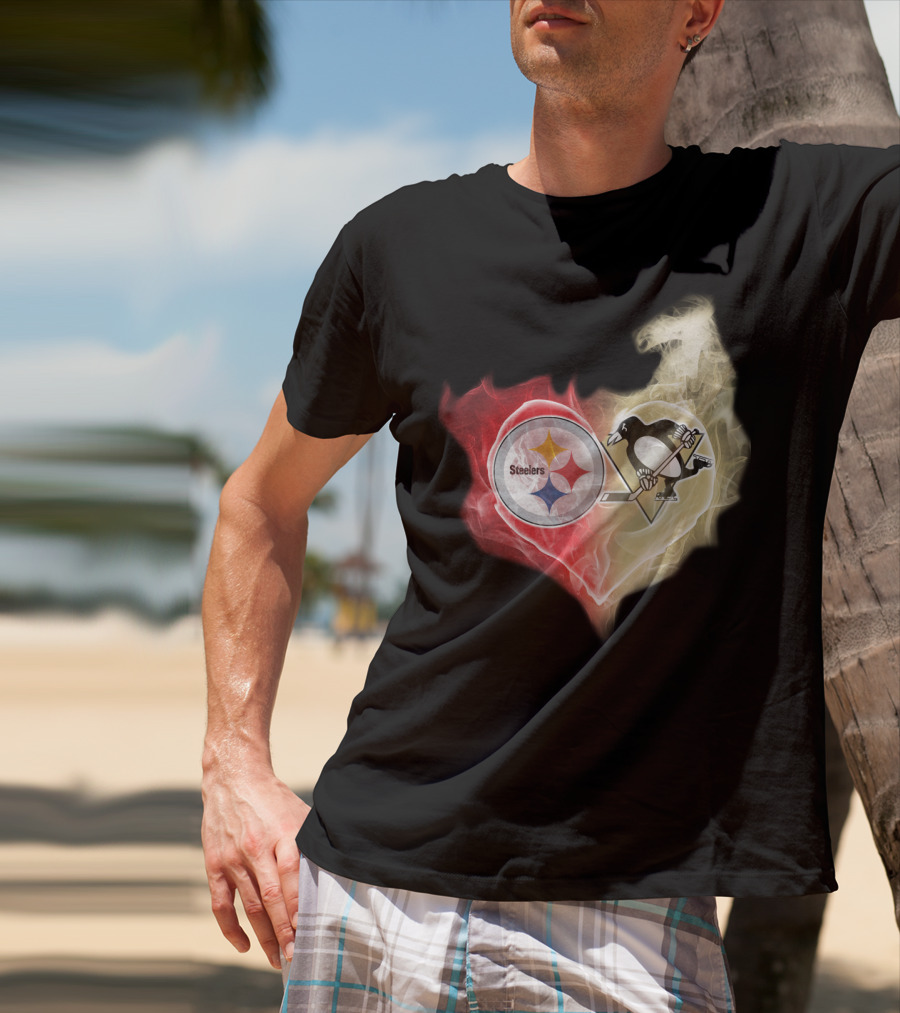 Steelers Pittsburgh Penguins Heart Shape Emblem T-Shirt