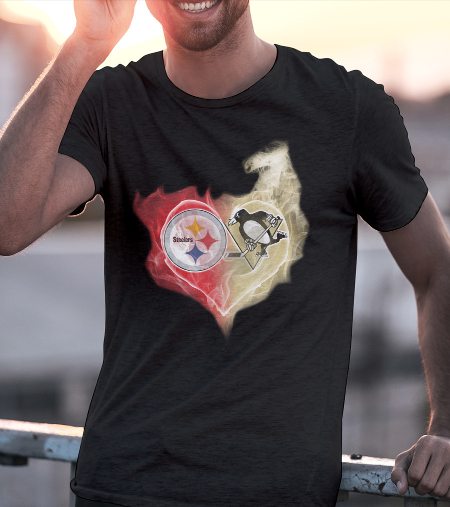 Steelers Pittsburgh Penguins Heart Shape Emblem T-Shirt