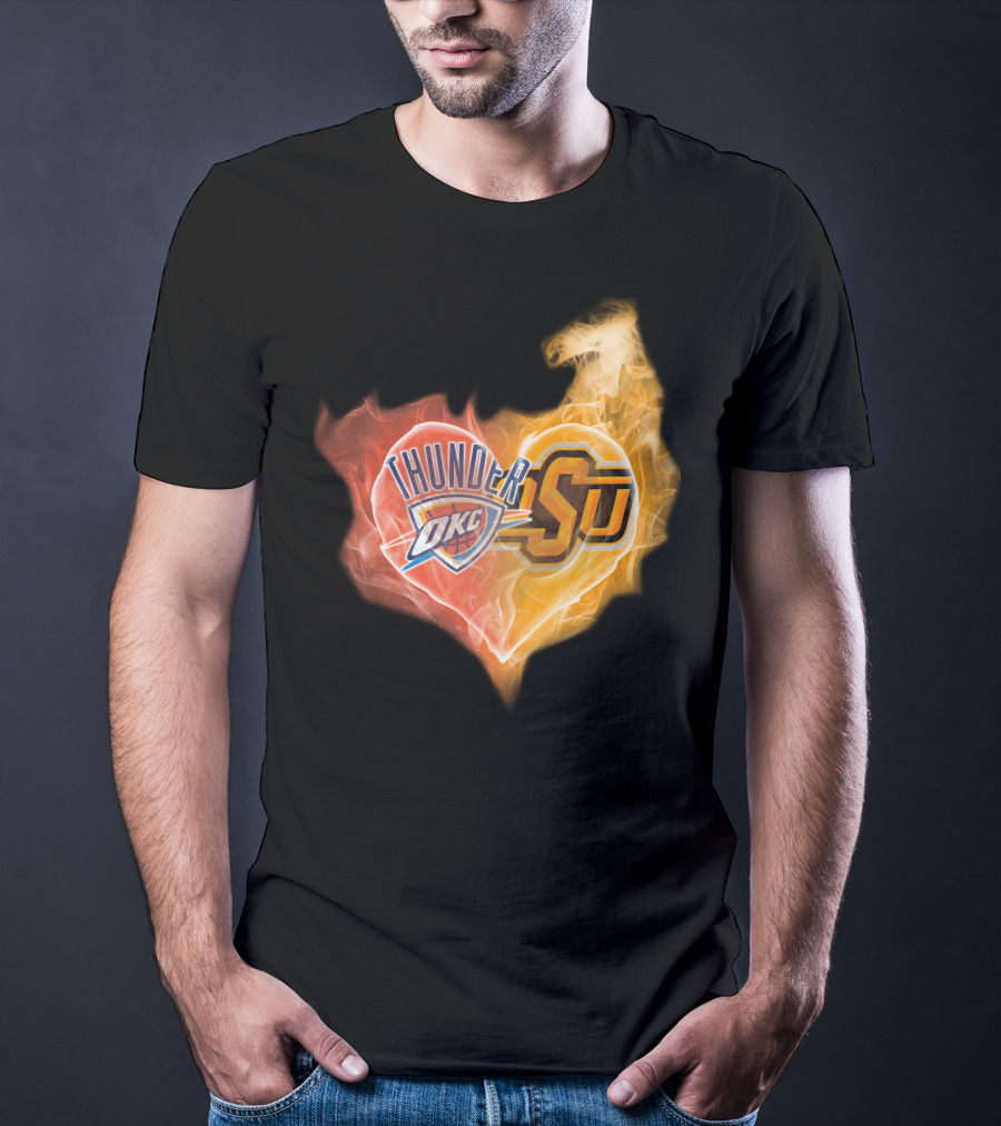 Thunder OKC And OSU Cowboys Flame Heart T-Shirt