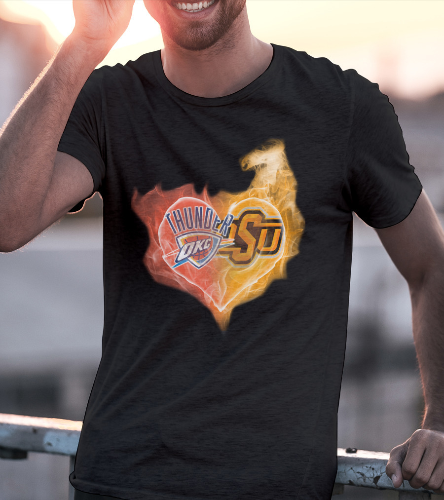 Thunder OKC And OSU Cowboys Flame Heart T-Shirt