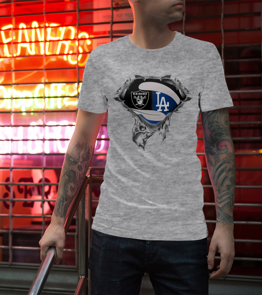 Raiders And Dodgers Logos Underneath Ripped Metal T-Shirt