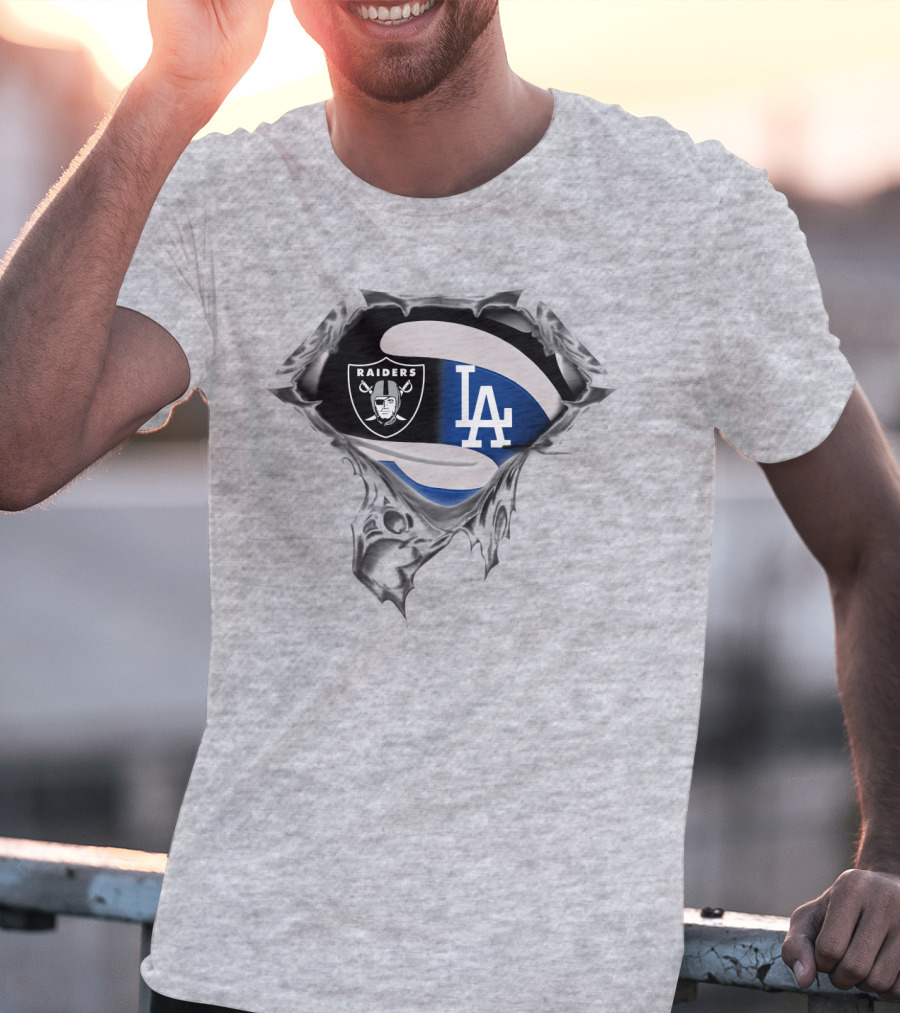 Raiders And Dodgers Logos Underneath Ripped Metal T-Shirt