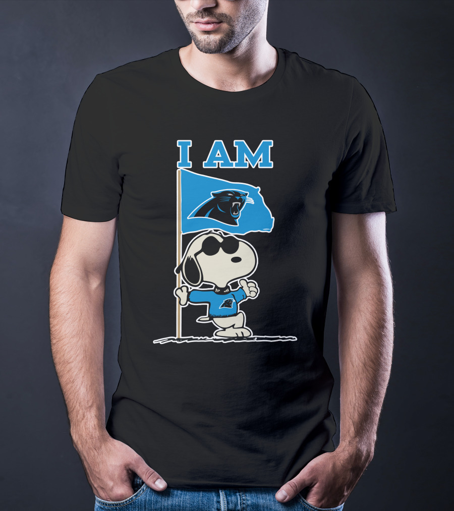 Carolina Panthers Snoopy I Am Peanuts Blue Flag T-Shirt