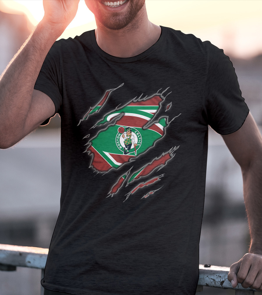 Boston Celtics Superman Logo Green And Red Rip T-Shirt