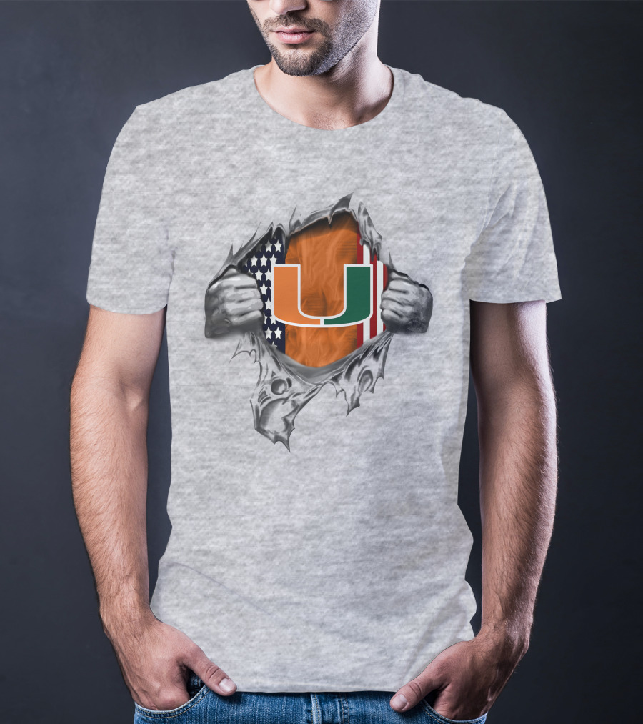 Usa Flag Miami Hurricanes U Logo Burst T-Shirt