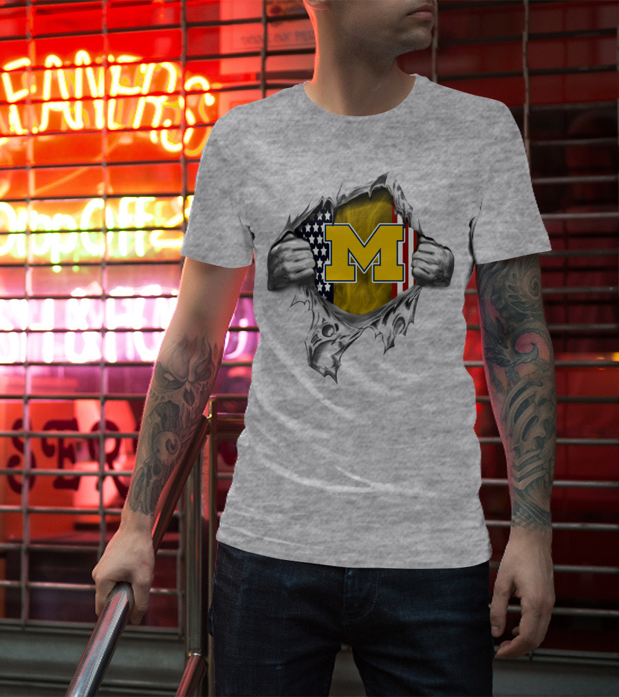 Michigan Wolverines M Logo With American Flag Tear T-Shirt
