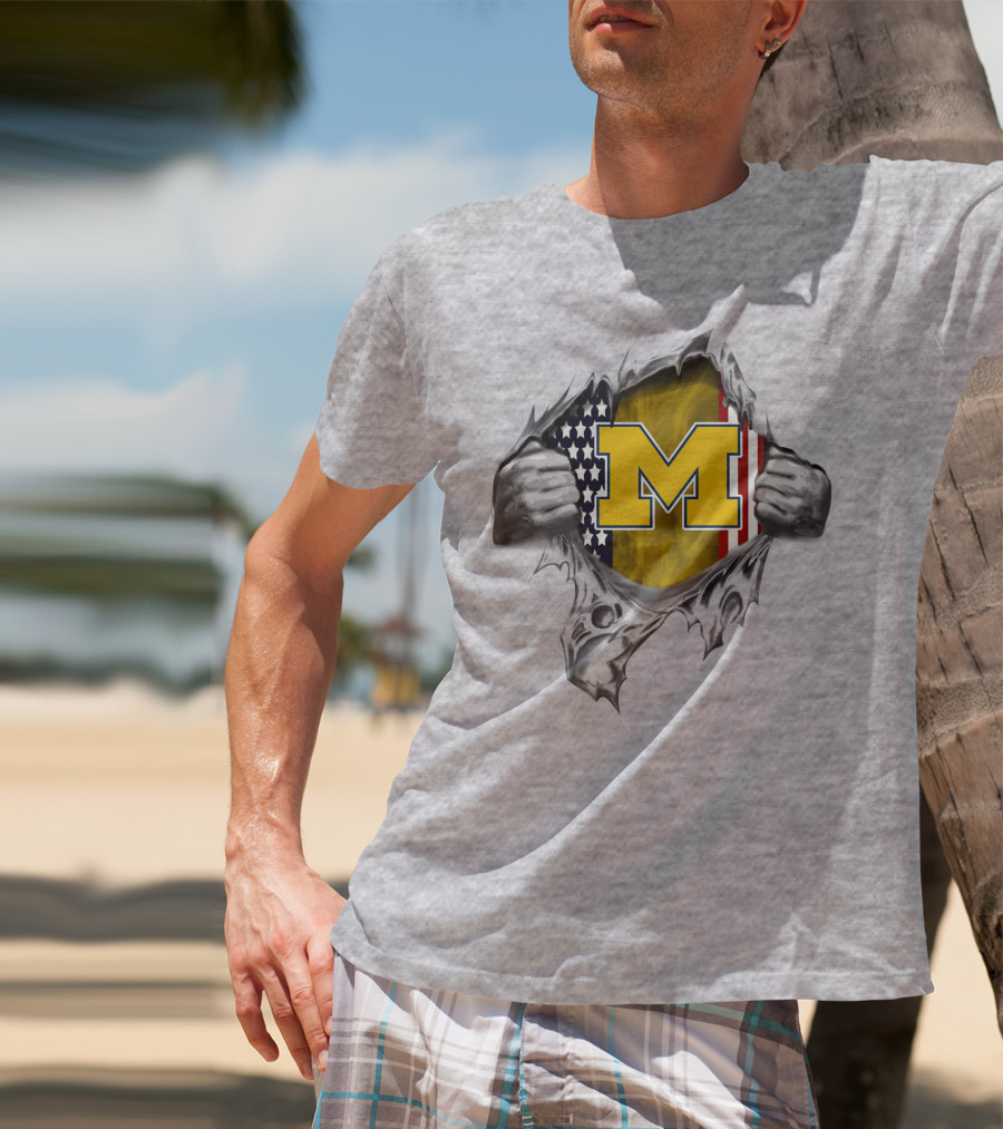 Michigan Wolverines M Logo With American Flag Tear T-Shirt