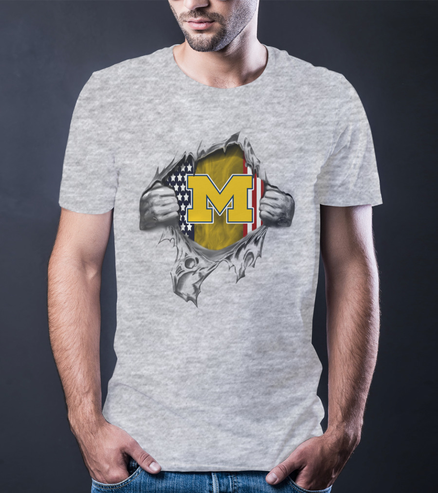 Michigan Wolverines M Logo With American Flag Tear T-Shirt