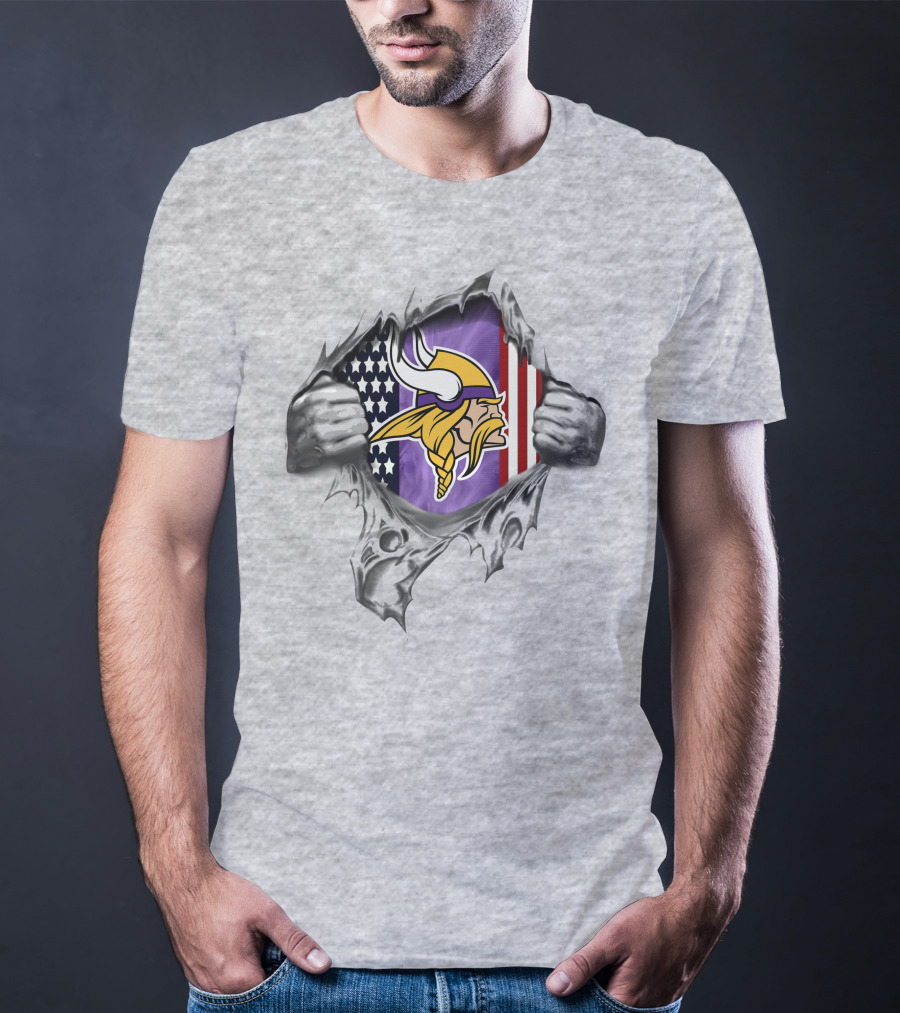 Ripped American Flag With Minnesota Vikings Logo And Viking Head T-Shirt