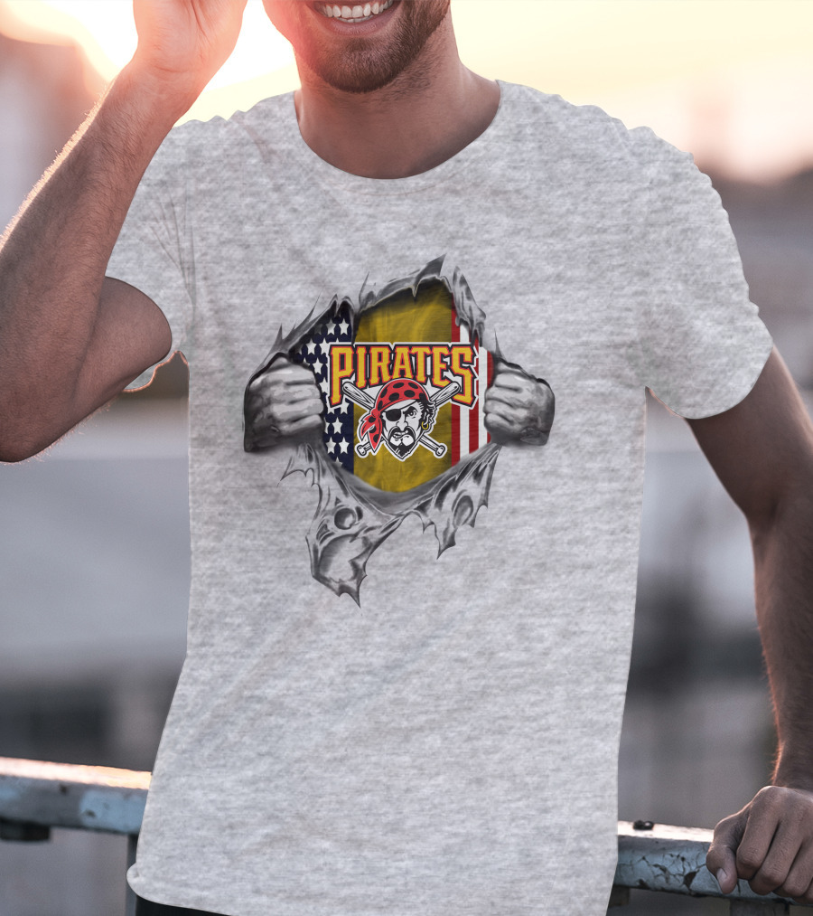 Pirates American Flag Skull And Crossed Bats Baseball Tear T-Shirt