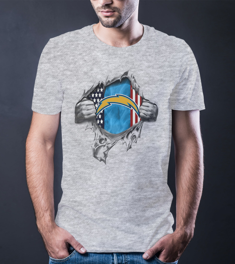 Los Angeles Chargers American Flag Peeking Through Torn Silver Fists T-Shirt