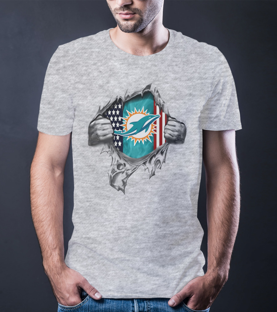 American Flag Miami Dolphins Logo Peeking Through Torn T-Shirt