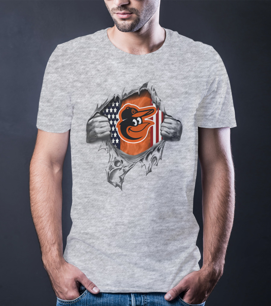 Baltimore Orioles American Flag Baseball Team Logo Peeling Layers T-Shirt