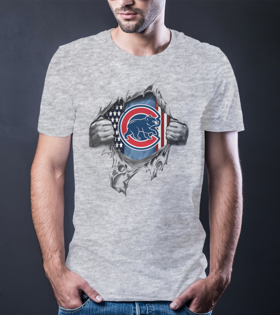 Chicago Cubs Bear With American Flag And Torn T-Shirt