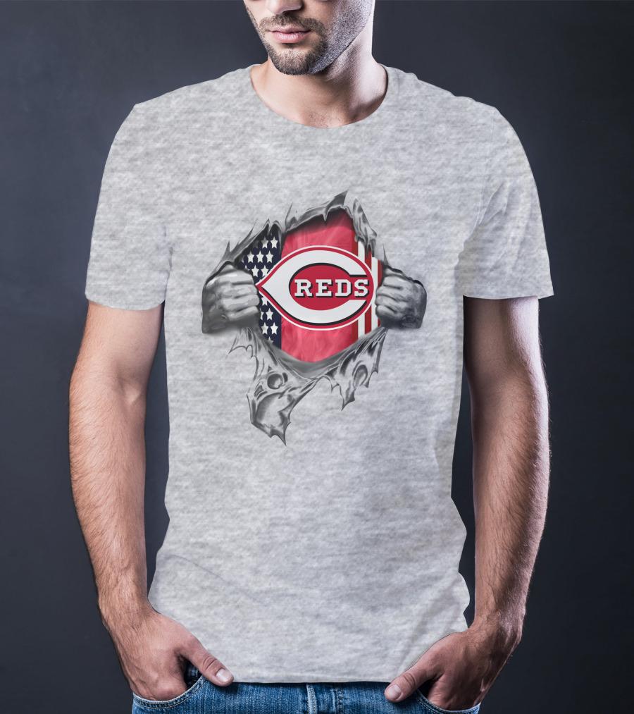 Cincinnati Reds Flag American Flag Ripped T-Shirt