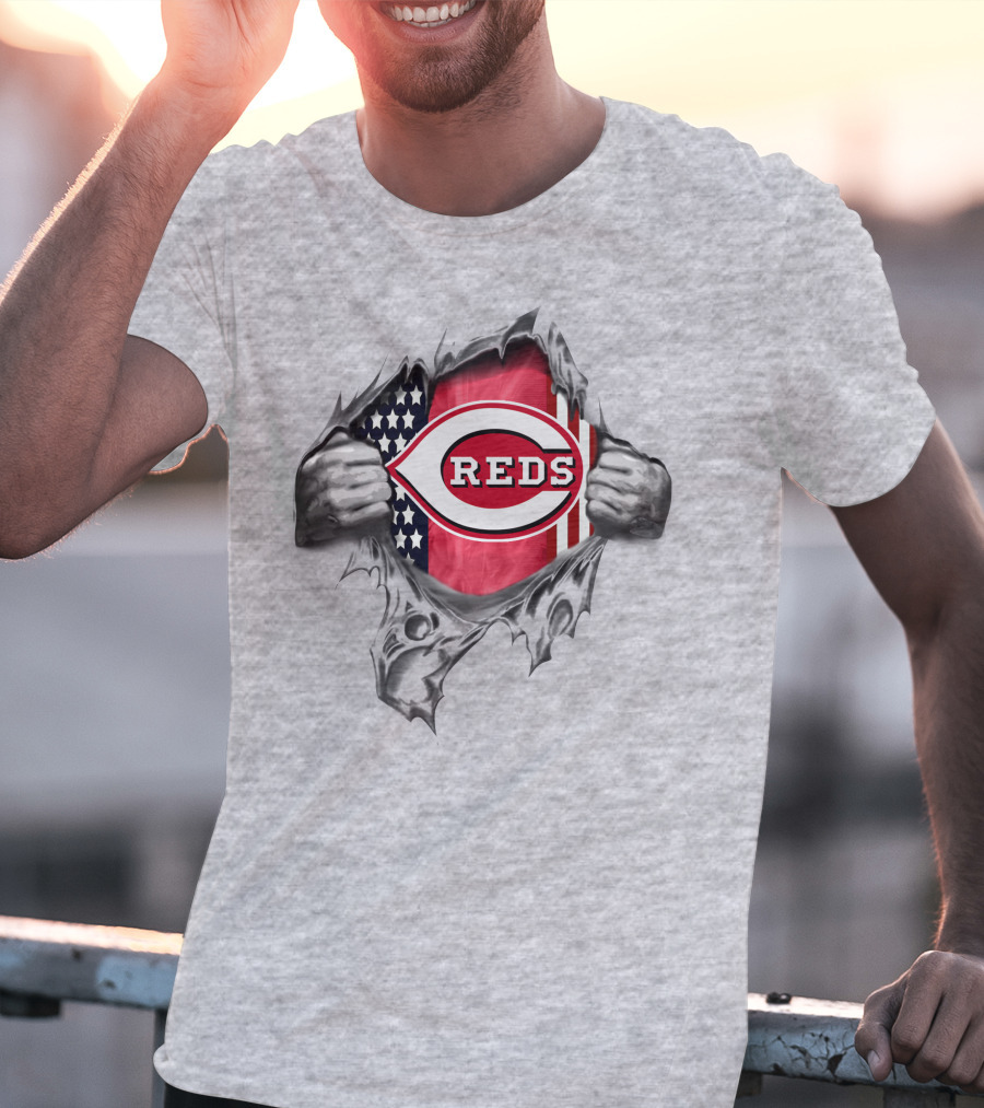 Cincinnati Reds Flag American Flag Ripped T-Shirt