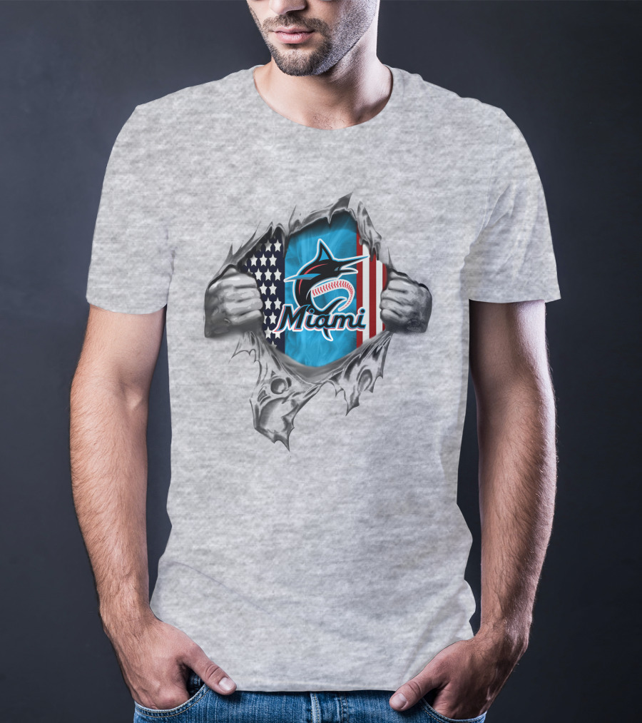 Miami Marlins American Flag Baseball Logo Tear Effect T-Shirt
