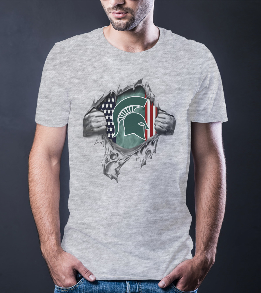 American Flag And Michigan State Spartans Logo Inside Rip T-Shirt